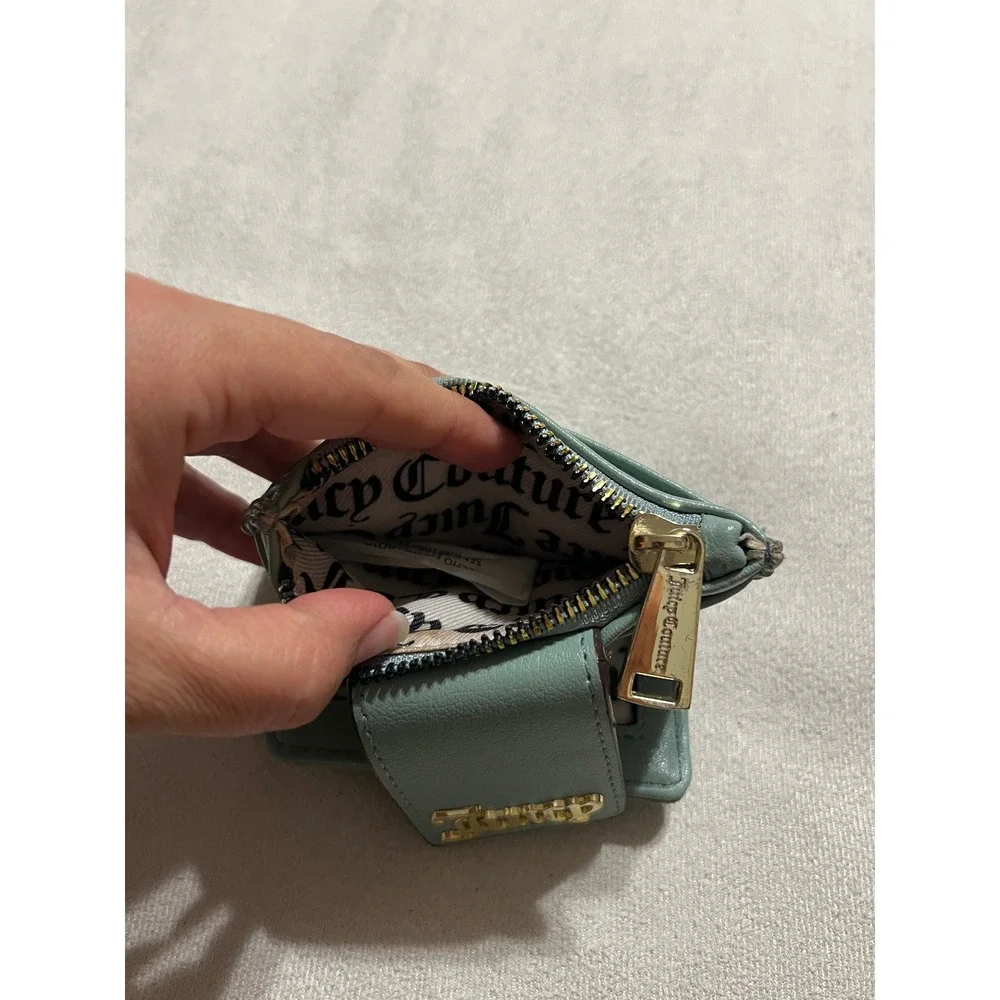 Juicy Couture Sage Green Card Holder Wallet Gold Studded ID Window Zip Pocket